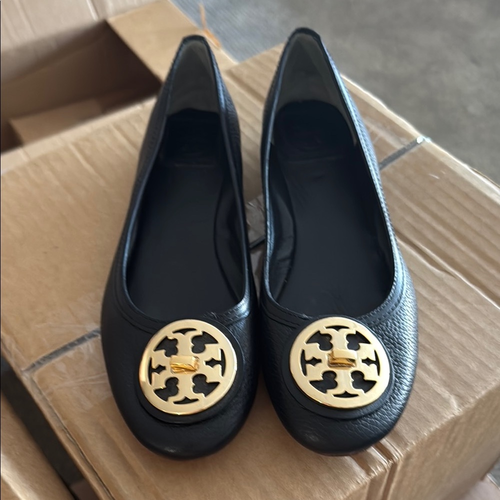 Tory Burch Black and Gold Flats with Iconic Logo
